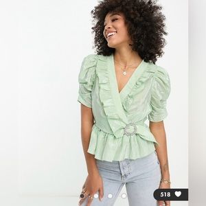 River Island ruffle detail wrap blouse with diamante buckle light green Size 2